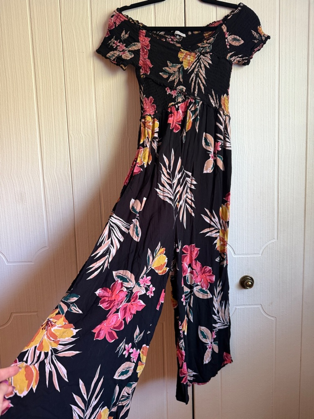 Patrons of Peace Black Floral Off-Shoulder Cropped Wide-Leg Jumpsuit